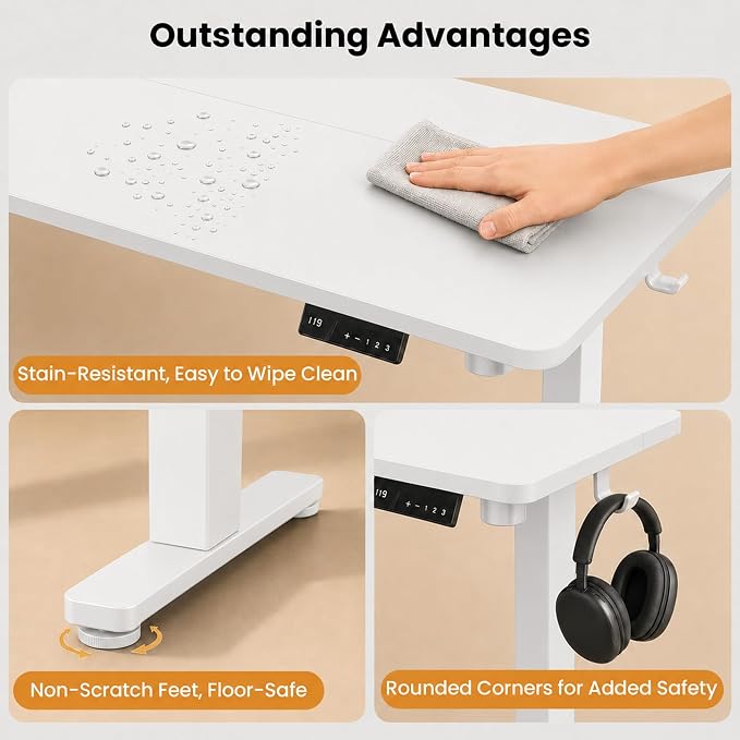 Electric Standing Desk, 40" x 24" Adjustable Height Sit Stand Desk, Small Space Workstation, Compact Computer Desk for Home Office, Stable Steel Frame (White) - Image 8