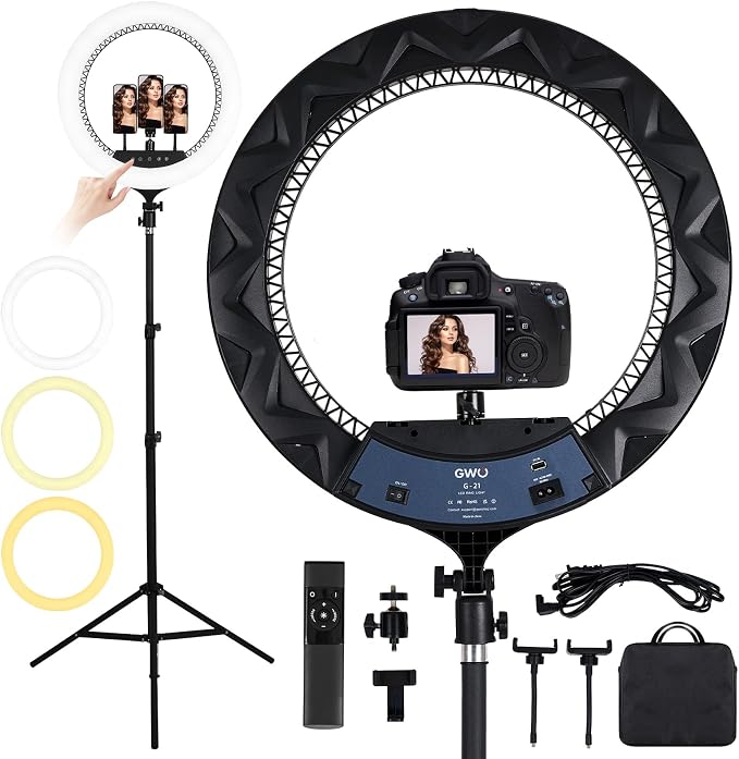 GWO 21 inch LED Ring Light with Tripod Stand 6000K Dimmable Makeup Selfie Light with Touch Panel Phone Holders for YouTube Vlog Video Shooting Include Carrying Bag and Remote Control CRI>90 by GWOLEDRingLight