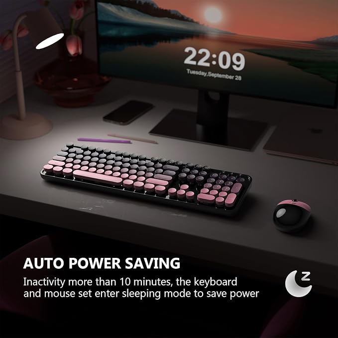 MOFII Wireless Keyboard and Mouse Combo, 2.4 GHz Full-Size Retro Round Keyboard and Mouse, Plug and Play, 8 Multimedia & Shortcut Keys for Mac, Windows, Laptop/Desktop/PC - Pink Gradient - Image 3
