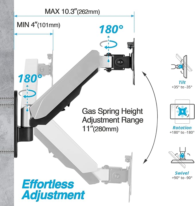 AVLT Single Monitor Arm Wall Mount for 13-32" Screens, Full Motion - Silver | Supports flat/curved/ultrawide screens up to 19.8 lbs. Smooth gas spring control, 3-bolt wall plate and cable management - Image 4