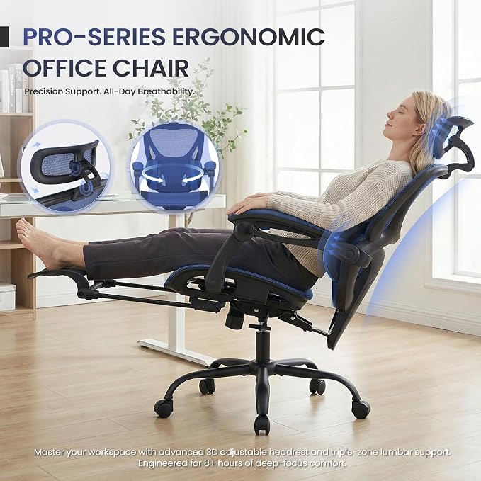 MALOL Ergonomic Mesh Office Chair with Footrest, Executive High Back Computer Desk Chair with 3D Adjustable Headrest & 5-Level Lumbar Support, Reclining Tilt Lock, 3D Arms, 300LBS Capacity, Blue - Image 8
