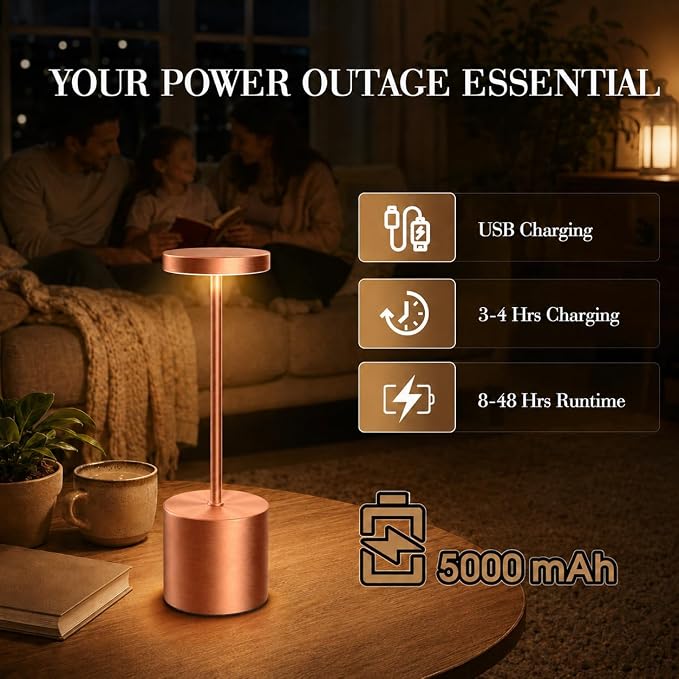 AUDLES Cordless Table Lamp, 5000mAh Rechargeable Lamp with Touch Control & Stepless Dimming, 3 Light Modes, IP54 Waterproof Portable Light for Dining Table, Patio, Bathroom, Power Outage (Rose Gold) - Image 5