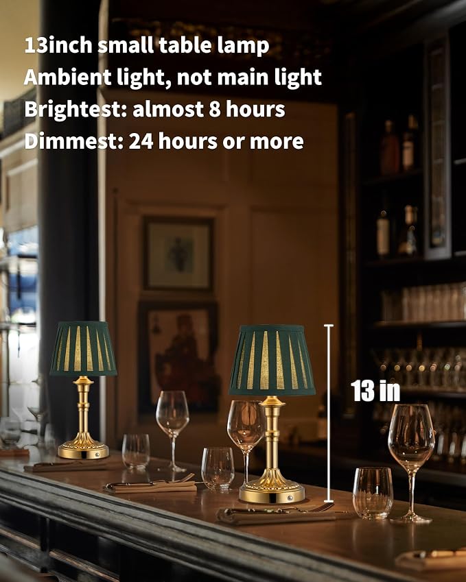 KDG Gold Cordless Table Lamps Set of 2, Green Fabric Shade Small Desk Lamp | Portables 4000mAh Battery Powered, LED Lighting, 2700K Stepless Dimmable, Light for Living Room, Dining Room, Bedroom - Image 2