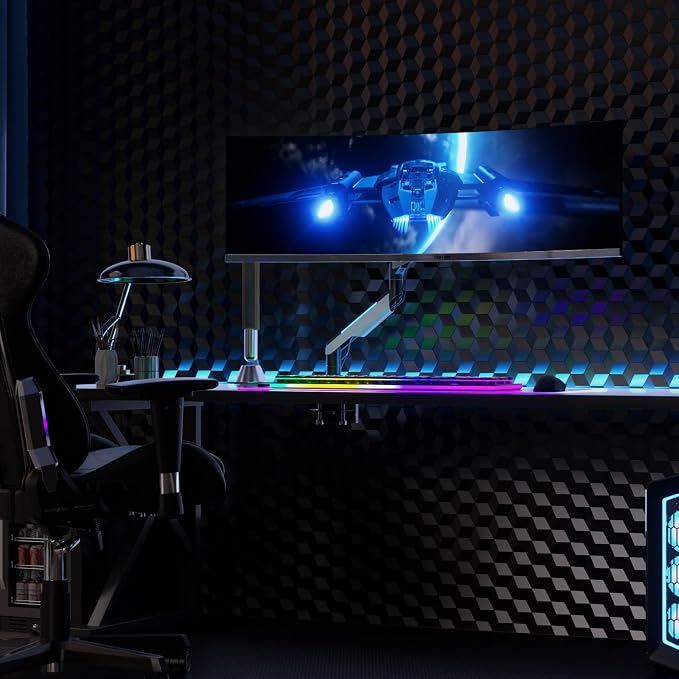 Mount-It! Heavy-Duty Ultrawide Monitor Arm up to 49”, 44 lb Capacity, Desk Mount for Curved & Widescreen Monitors, Compatible with Samsung Odyssey G9, Gas Spring, RGB Lighting, VESA 75x75 & 100x100 - Image 8