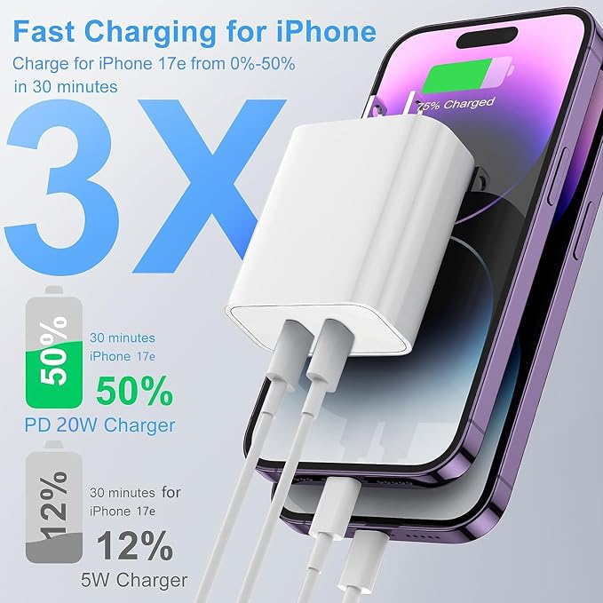 USB C Fast Charger Block,USB C Charging Block 3-Pack Type C 2in1 Dual Ports Plug Wall Charger,Fast Type C Charger for iPhone 17/17 Pro/17 Pro Max/Air/16E/16 Plus/16 Pro Max/15/14/13/12/11/Xs Max/XR/X - Image 3