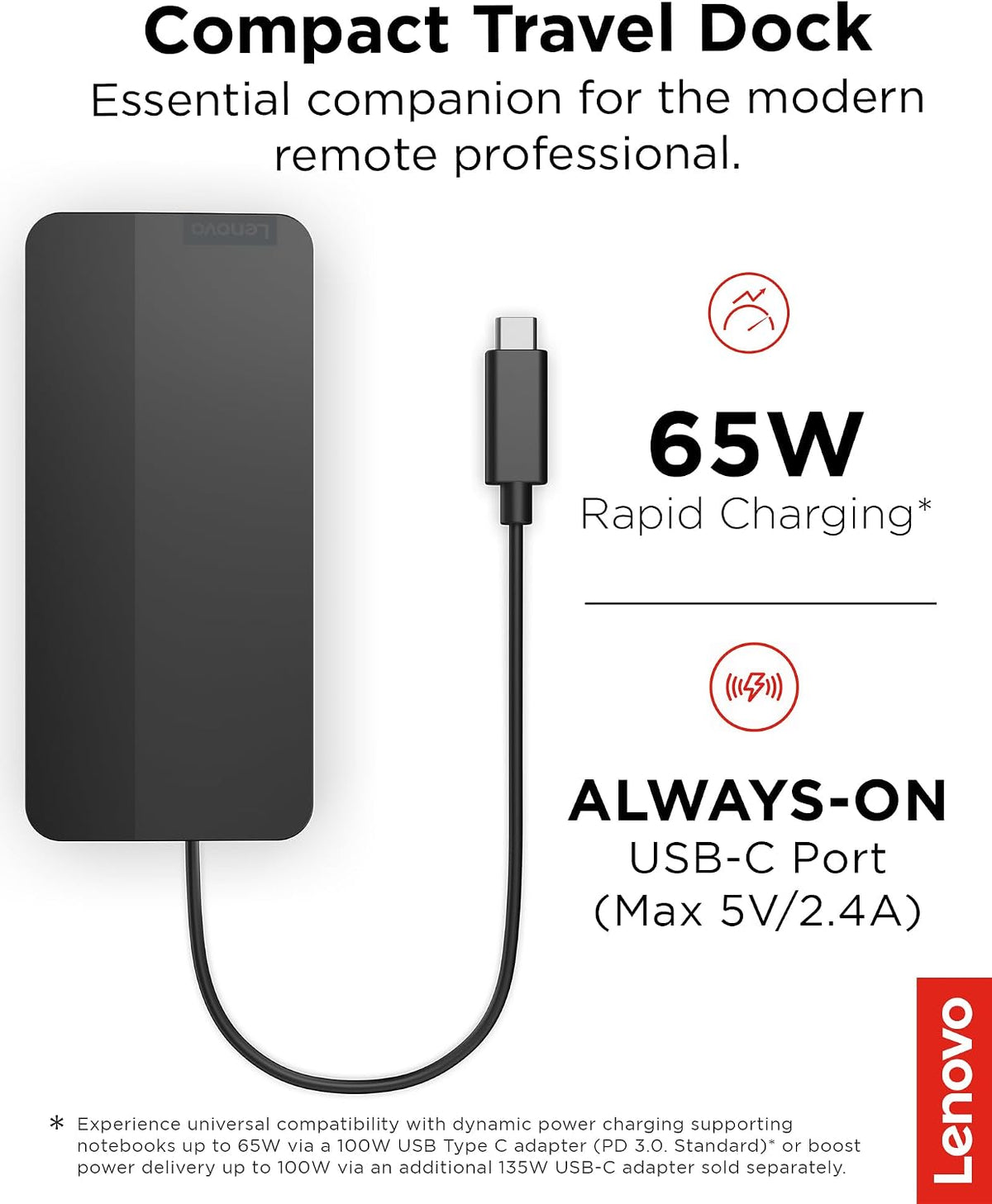 Lenovo USB-C Dual Display Travel Dock w/ 100W Power Adapter - 7 Ports, Integrated USB-C Cable, Universal Compatibility, Dual Displays at 4K - Black - Image 2