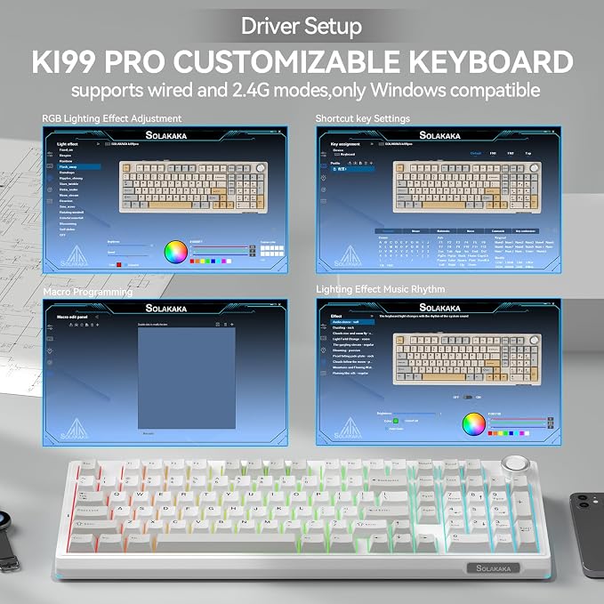 SOLAKAKA KI99 Pro 96% Wireless Mechanical Keyboard, RGB Gaming Keyboard, Hot-Swappable Pre-Lubed Switches, Gasket Structure Creamy Keyboards (Graywhite, Silent Switch) - Image 4