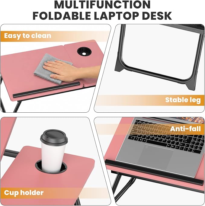 Laptop Bed Desk, 5-Angle Adjustable Bed Laptop Table with Cup Holder | Foldable Laptop Stand for Couch & Sofa, Portable Laptop Tray for Adults Writing Reading Eating, Pink - Image 5