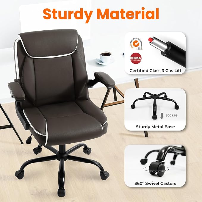 NEO CHAIR PU Leather Office Desk Chair with Adjustable Arms, Brown | Ergonomic Mid Back Computer Desk Chair Comfy with Wheels Swivel Rolling for Home Office Gaming Study - Image 8