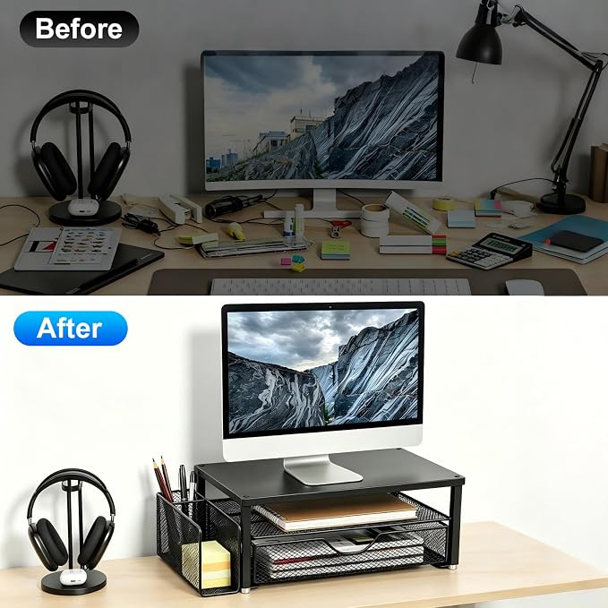 Spacrea Desk Organizer and Accessories, Computer Monitor Stand Riser with Drawer and 1 Open Pen Holder, Printer & Laptop Stand, Office Desk Accessories for Home Office Supplies (Black) - Image 2