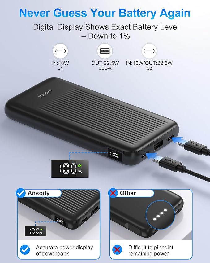 2-Pack Power Bank, 10000mAh 22.5W Fast Charging Portable Charger | Travel Essential, 2 Outputs & 2 Inputs, Slim USB C Digital Display Battery Pack for iPhone Galaxy iPad Tablets, Black & Black - Image 3