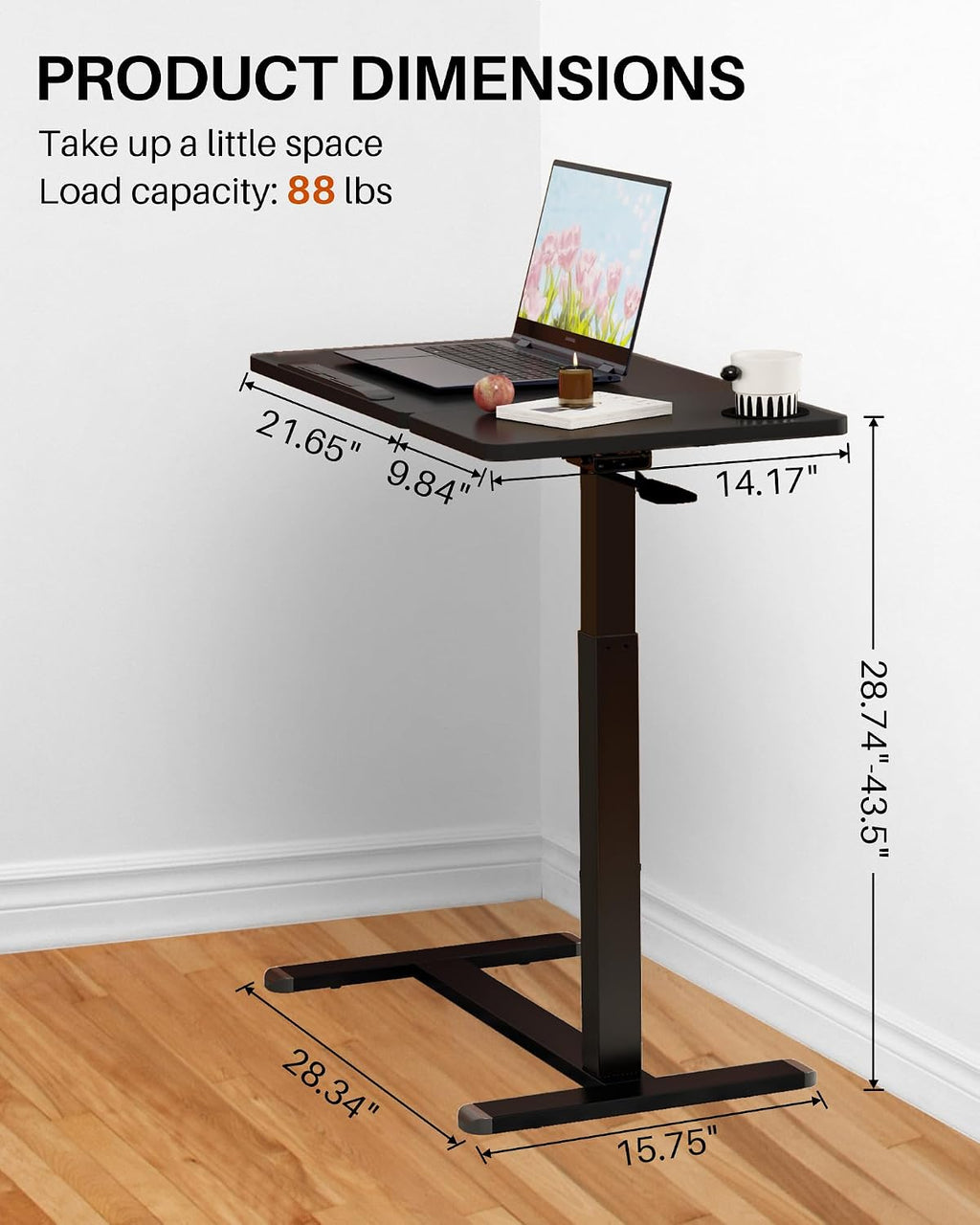 Overbed Table with Wheels, Pneumatic Lift, Foldable Top (Black) - Image 2