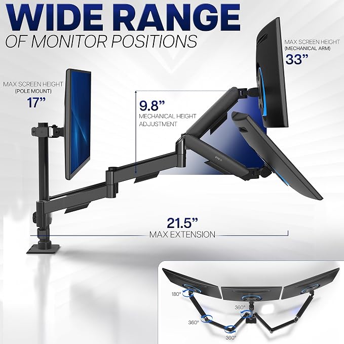 VIVO Triple Monitor Stand, Fully Adjustable Arms for 17 to 27 inch Screens, Mechanical Articulating Desk Mount, Gaming and Office Setups, VESA 75x75, 100x100, Max 19.8 lbs, Classic, Black, STAND-V003O - Image 4