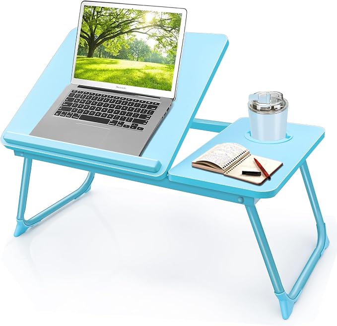 Laptop Desk for Bed Couch,Lap Desk for Laptop,Portable Laptop Stand for Desk,Small Adjustable Laptop Desk,Foldable Bed Table for Laptops and Writing, Bed Tray Table with Cup Holder(Blue) by LaptopDeskforBed