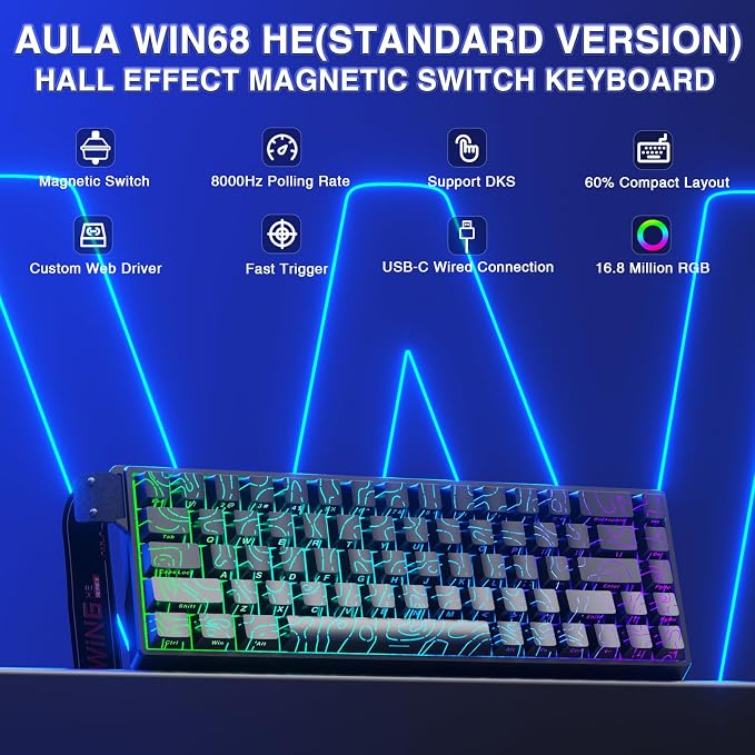 AULA WIN68 HE Mechanical Gaming Keyboard 60%, Hall Effect Magnetic Switch, Fast Trigger Mode Adjustable Actuation, 8000Hz Polling Rate, RGB Backlit, Small Wired Keyboard for Laptop/PC Gamer - Image 2