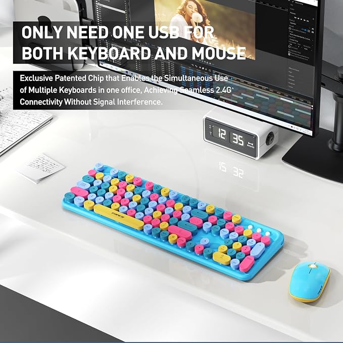 2.4GHz Wireless Keyboard and Mouse Set with Switch Button - Full-Size Keyboard - Compatible for Windows/Laptop/PC/Notebook/Smart TV and More - Blue Colorful - Image 9