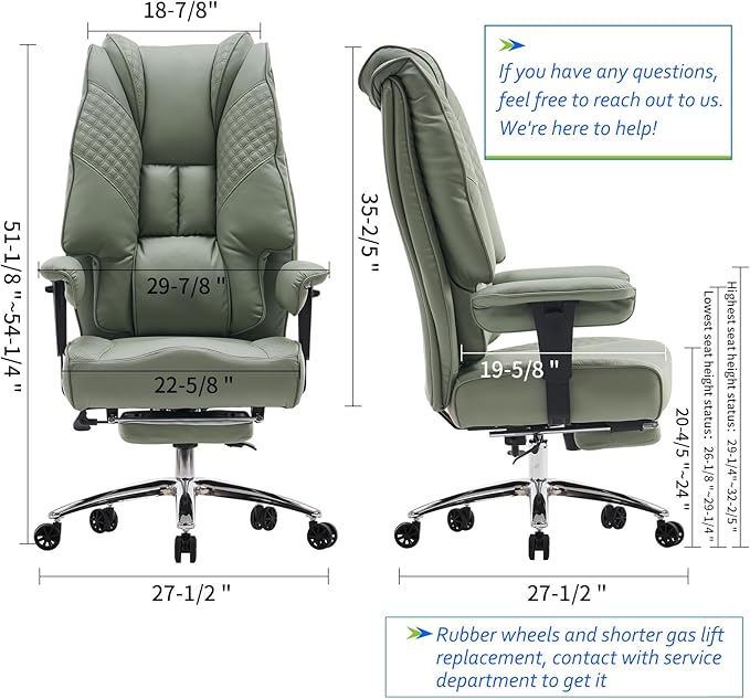 EXCEBET Big and Tall Office Chair 400lbs Wide Seat, Leather High Back Executive Office Chair with Foot Rest, Ergonomic Chairs Lumbar Support for Lower Back Pain Relief (Light Green) - Image 2