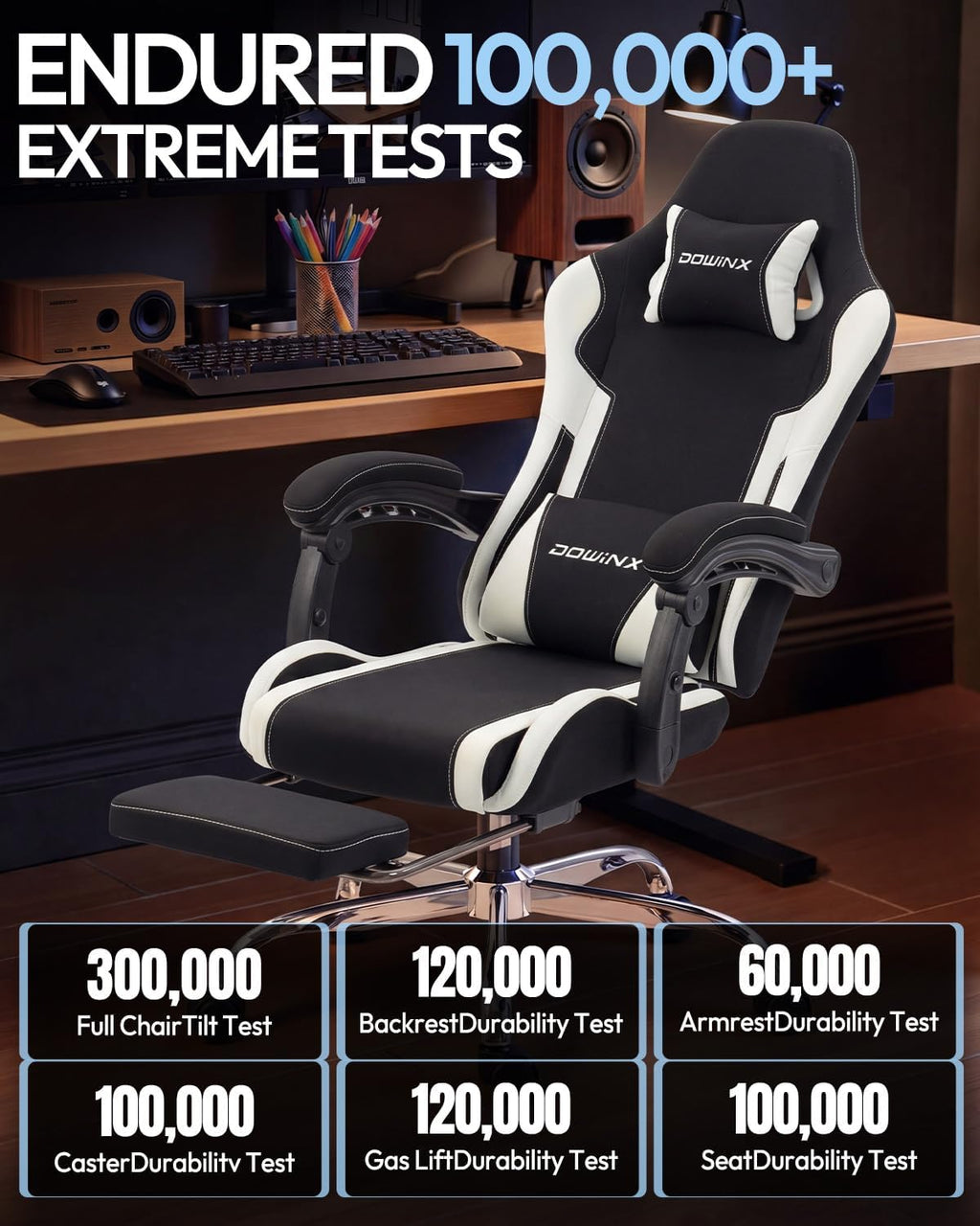 Dowinx Ergonomic Gaming Chair with Footrest & Massage Lumbar, 2D-Linkage Armrests for Computer Chair 330lbs with Headrest Pillow for Office, Home, Streaming and Long Gaming Sessions, Fabric White - Image 7