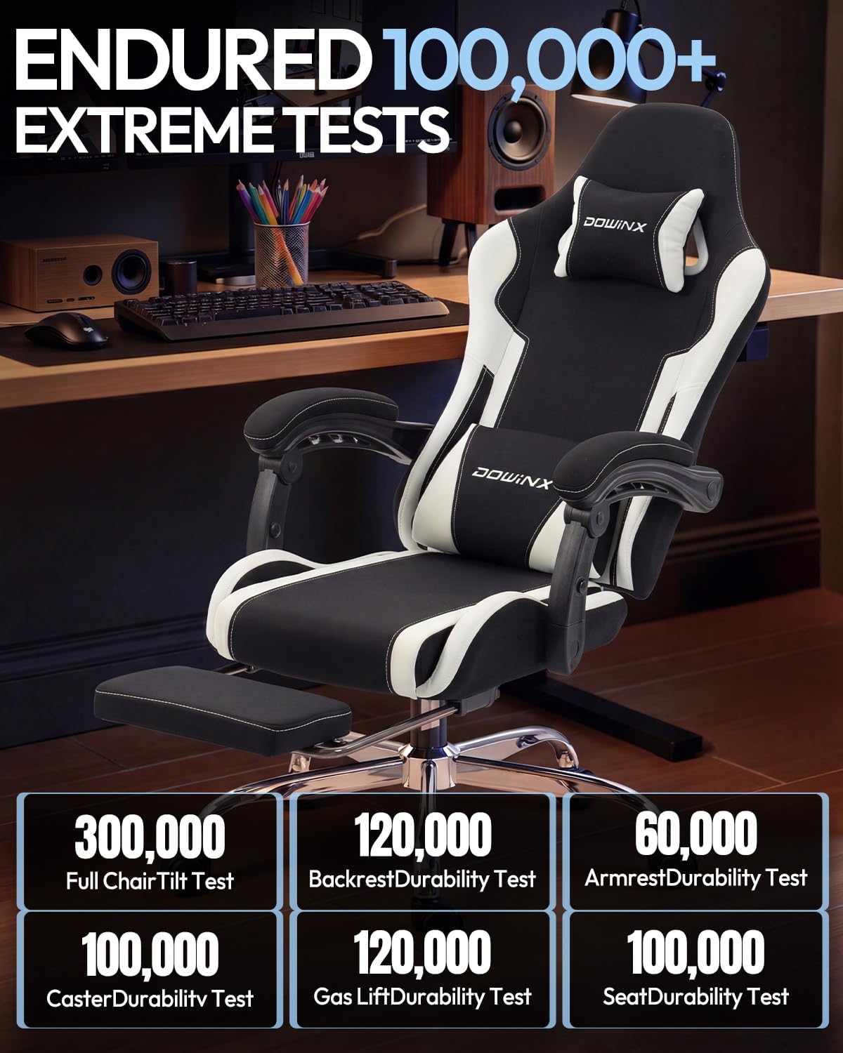 Dowinx Ergonomic Gaming Chair with Footrest & Massage Lumbar, 2D-Linkage Armrests for Computer Chair 330lbs with Headrest Pillow for Office, Home, Streaming and Long Gaming Sessions, Fabric White - Image 7