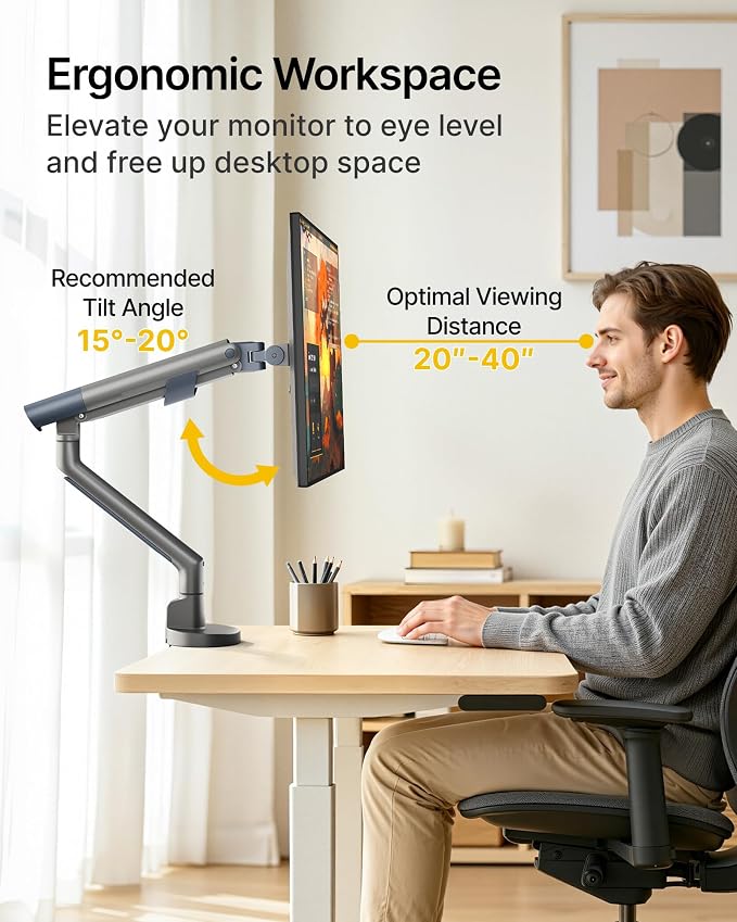 monTEK Aluminum Monitor Arm for 17-40" Screens, 26.4 lbs, Gray | Mechanical spring, tension indicator, full motion, VESA 75/100 compatibility, clamp/grommet bases and cable routing - Image 6