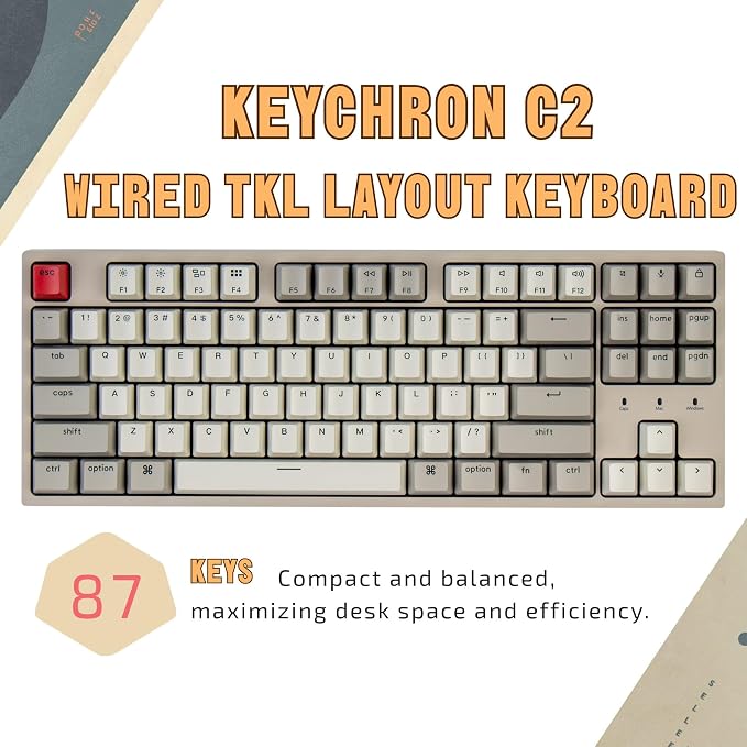Keychron C1 Hot-swappable Wired Mechanical Keyboard for Mac Layout, Keychron Mechanical Brown Switch/USB Type-C Cable/Double-Shot ABS Keycaps Tenkeyless 87 Keys Computer Keyboard for Windows PC - Image 8