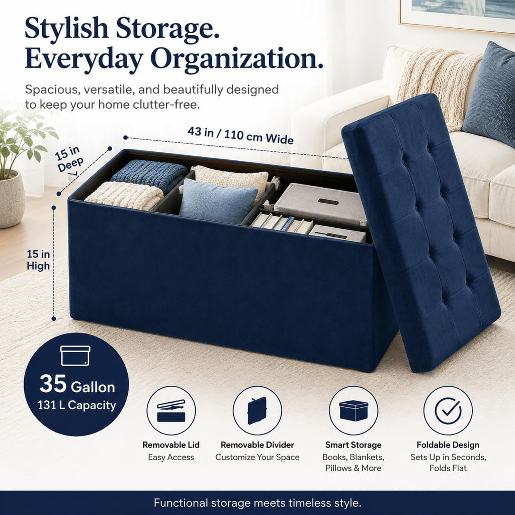 ALASDO 43 Inch Folding Storage Ottoman Bench with Hidden Storage, Velvet Storage Ottoman Foot Rest Stool, End of Bed Bench for Bedroom, Living Room, Entryway and Closet, Navy Blue - Image 5