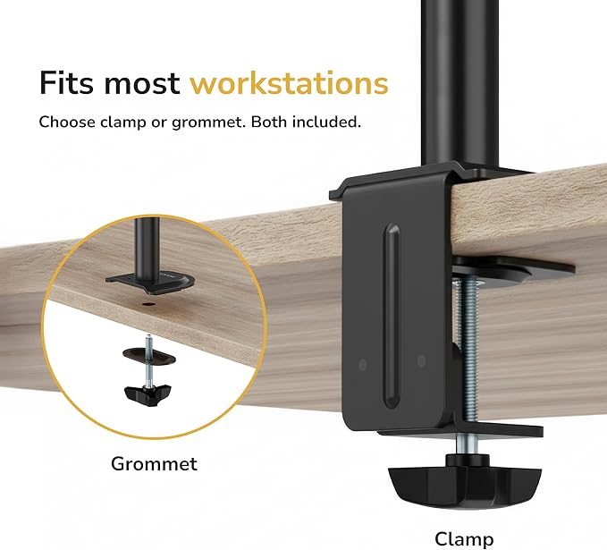 Mount-It Dual Monitor Arm, Heavy Duty Desk Mount for 2 Screens 13-32 in | Up to 19.8 lbs Each, Full Motion Tilt Swivel Rotate, VESA 75x75 100x100, Steel, Cable Management, C-Clamp or Grommet, Black - Image 6