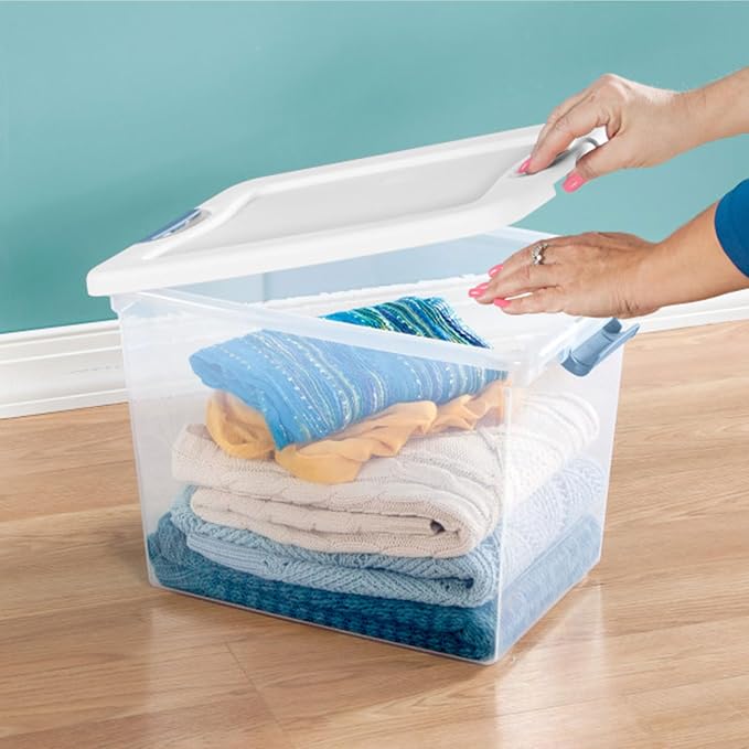 Sterilite 25 Qt Latching Storage Box, Stackable Bin with Latch Lid, Plastic Container to Organize Closet Shelf, Clear with White Lid, 12-Pack | Heavy-Duty and Stackable Plastic Containers with Latches for Closet, Cabinet, Bedroom, Bathroom and Dorm Roo... - Image 9