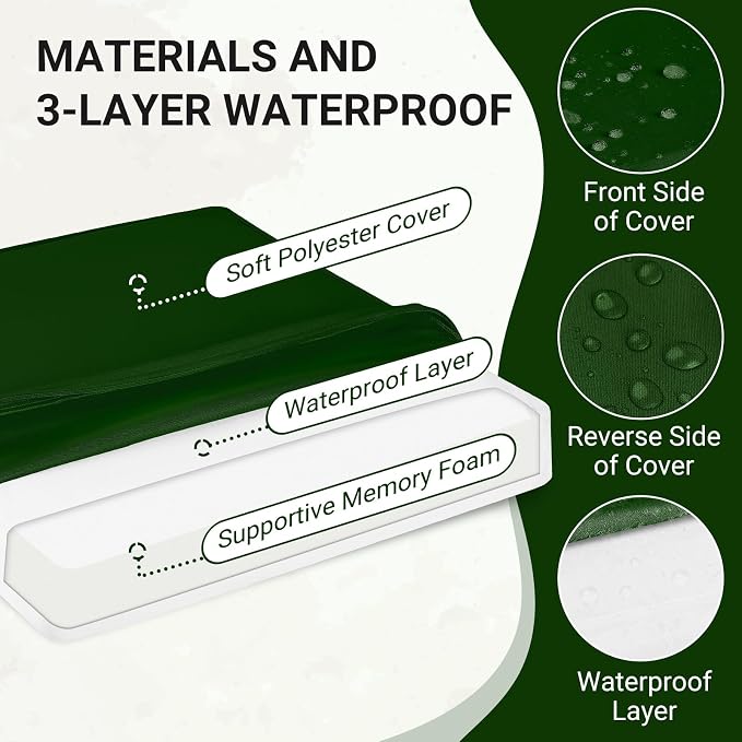 downluxe Waterproof Outdoor Chair Cushions for Patio Furniture, 22" x 22" x 3" Patio Chair Cushion with Non-Slip Ties & Portable Handle, Forest Green, 2 Pack - Image 2