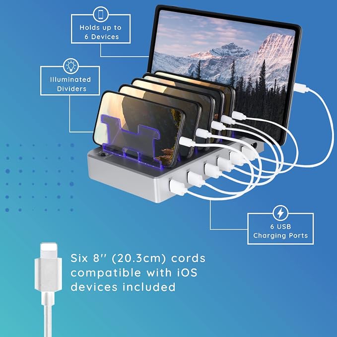 Fast Charging Station for Multiple Devices, 6-Port USB Charging Dock Silver | Smart IC Technology for Safe Charging, Organized storage, Works with Apple iPhone 14 and earlier & iPads, for home, office - Image 3
