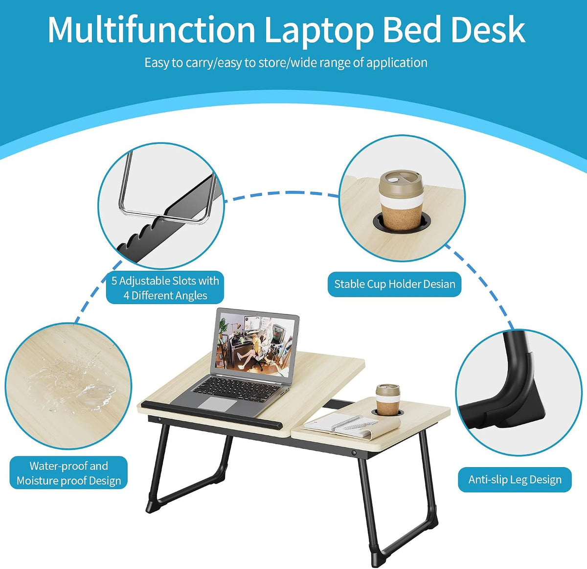 Adjustable & Portable Lap Desk for Laptop - Folding Bed Tray for Eating, Writing, Couch, and Breakfast in Bed. Ideal Laptop Stand and Small Computer Desk for Adults. (White Maple) - Image 7