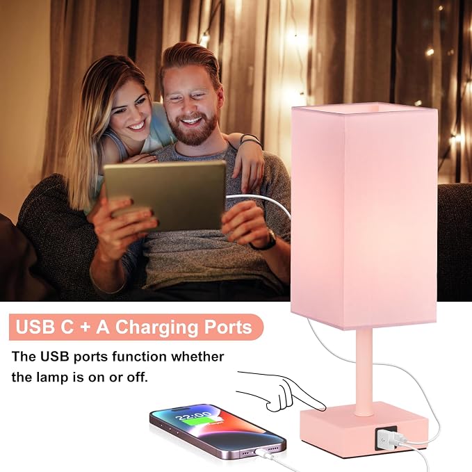 Touch Table Lamp for Bedroom - Dimmable, USB C+A, Pink Lamphade Pink Base | 3-Way Dimmable, 3000K LED Bulb Included, Square Lampshade, Cute Room Decor for Teen Girls, Kids, Small Lamp for Dorm, Nursery - Image 3