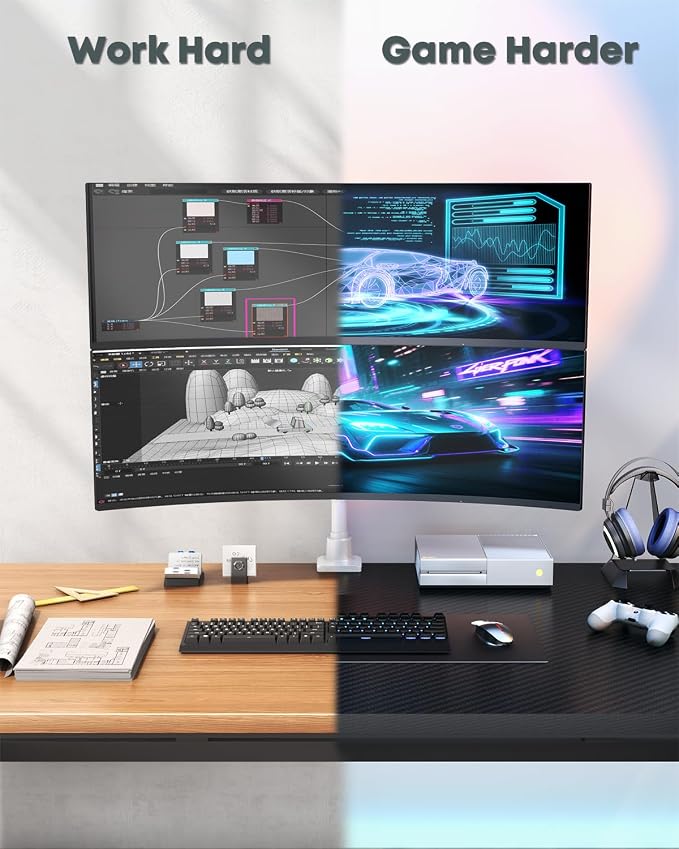 Dual Ultrawide Monitor Mount for 24-57'' Screens, Max Load 59.4 lbs per Arm | Vertically Stacked, Heavy Duty, Aluminum, Fully Adjustable, Topside Clamp/Grommet Mounting, VESA 75/100 mm, White - Image 8