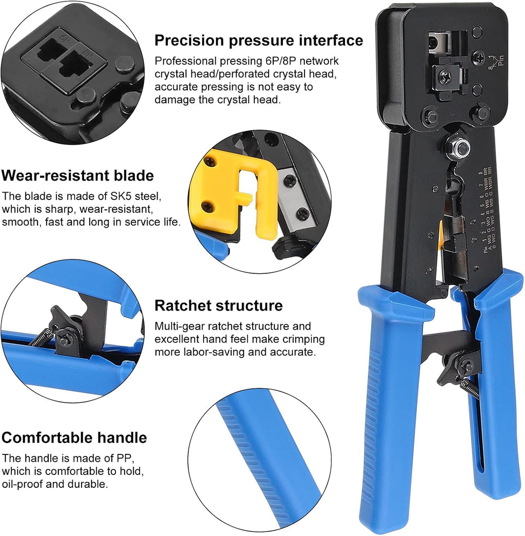 AITRIP RJ45 Crimp Tool Kit Pass Thru Cat5 Cat5e Cat6 RJ45 Crimping Tool with RJ45 Cat6 Pass Through Connectors, Covers,1 Wire Punch Down Cutter,Network Cable Tester - Image 4