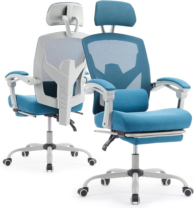 Ergonomic Office Chair with Footrest, Computer Gaming Chair | Adjustable Headrest, Lumbar Support, Swivel Reclining, Padded Armrest, Mesh High Back, Home Desk Work Study, Blue by HAPPYMONTLLC