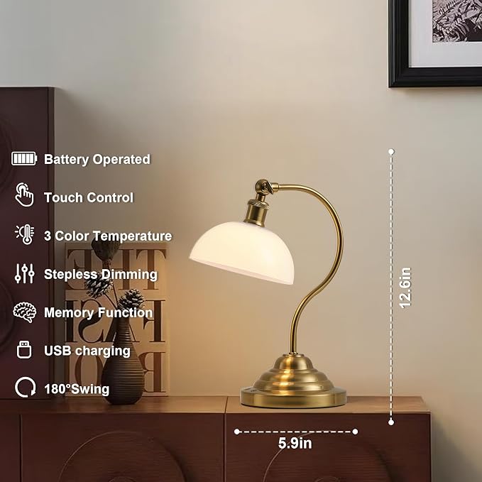 KARTOOSH Cordless LED Table Lamp Set of 2, Battery Operated Desk Lamps with Swing Arm & Plastic Shade, Vintage Small Rechargeable Dimmable Light for Bedroom, Living Room, Nightstand, Brass/White - Image 2