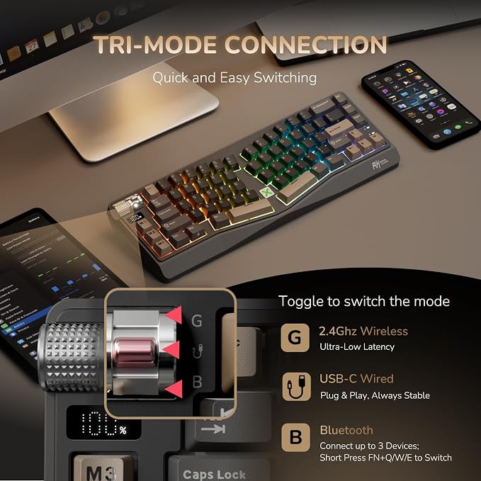 RK ROYAL KLUDGE A70 Wireless Ergonomic Keyboard, Alice Split Mechanical Keyboard w/Bluetooth/2.4GHz/Wired, 65% RGB Gaming Keyboards with Knob and PBT Keycap, Gasket Hot Swappable Linear Cream Switches - Image 4