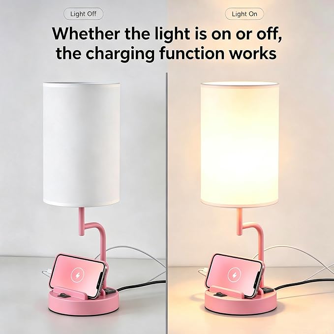 Dreamholder 2 Pack Table Lamp, Bedside Lamp with 3 USB Charging Ports & AC Outlet, USB Desk Lamp with 2 Phone Holders, Linen Fabric Shade Nightstand Lamps for Bedroom Living Room Office, Baby Pink - Image 3
