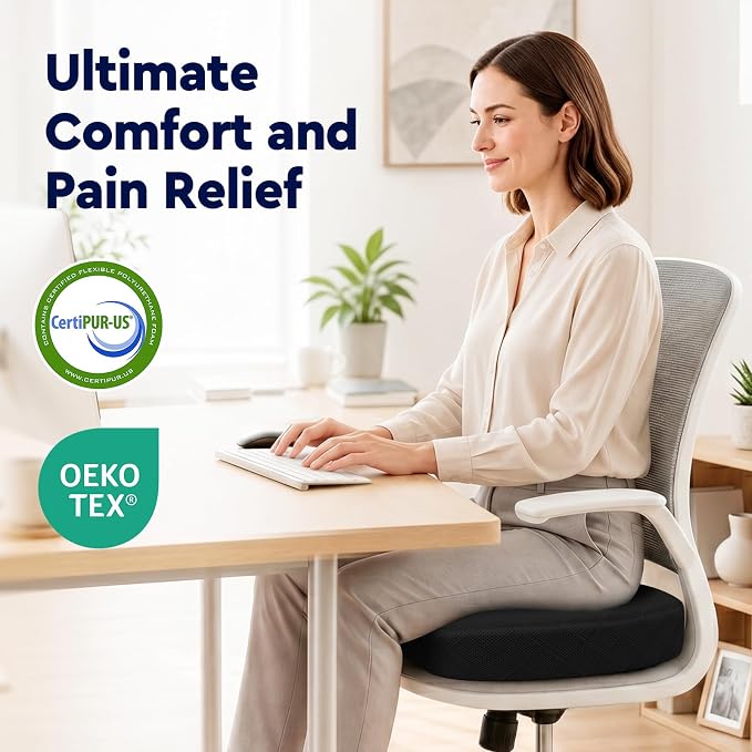 Seat Cushion, Memory Foam Office Chair Cushion - Black, Large | for Car Seat, Airplane, Desk Chair - Sciatica & Hip & Coccyx Pain Relief Cushion for Long Sitting Office Workers, Car Drivers - Image 8