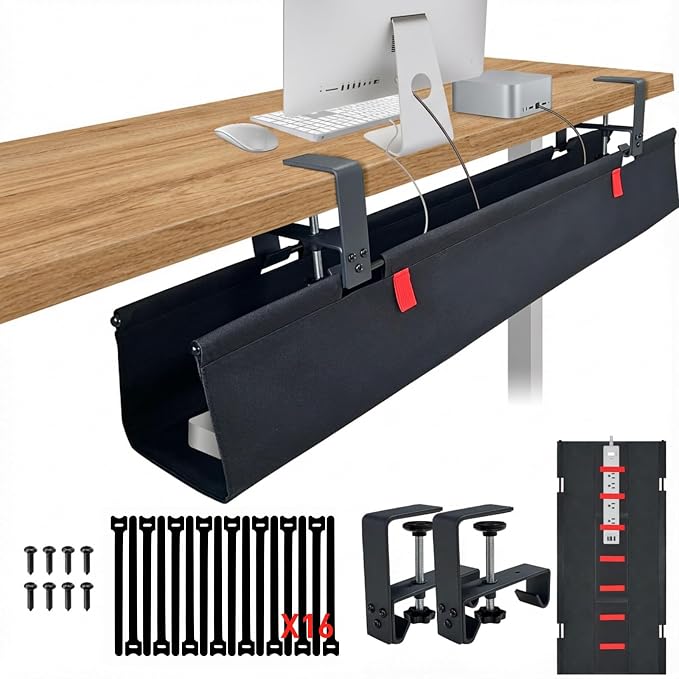 No Drill Under Desk Cable Management Tray, 48" Desk Cable Organizer | Premium Oxford Fabric Cable Management, Clamp Screw Desk Cable Management, Large Capacity Table Cable Organizer for Office by Unknown