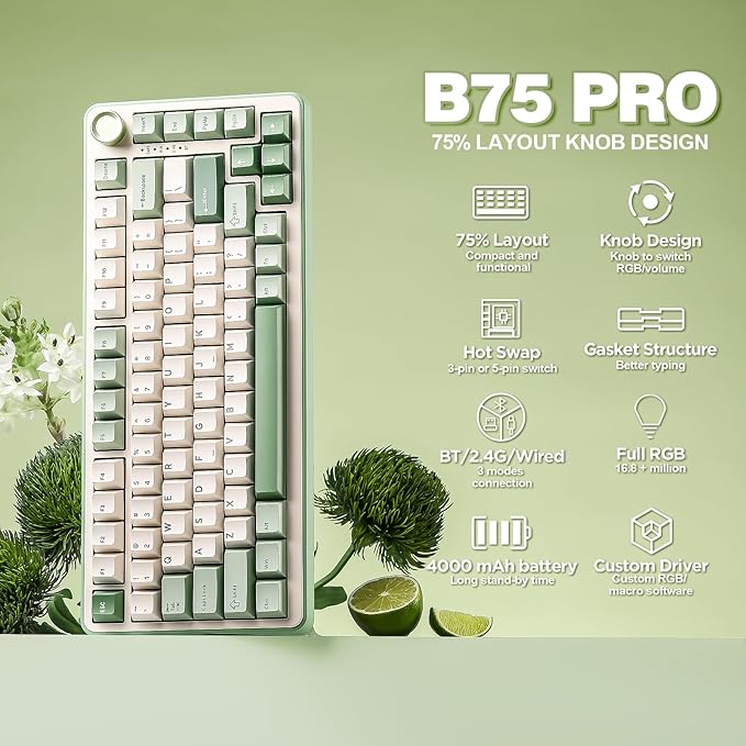 YUNZII B75 PRO 75% Wireless Mechanical Keyboard(Matcha Green,Cocoa V2) | Hot Swap Keyboard with Knob, Gasket Mount, Creamy Pre-lubed Switch for Smooth Typing, BT/USB-C/2.4G, for Gaming - Image 2