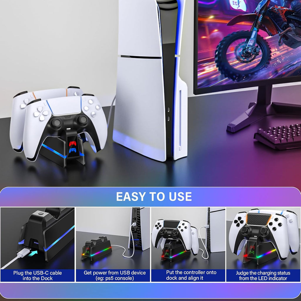 PS5-Controller-Charger-Station - Charging Station for PlayStation 5 Dualsense/Edge Controller with 9 Color Led Light, Fast Charging Dock & Holder Stand for PS5/Slim/Pro Remote - Whole Black - Image 8