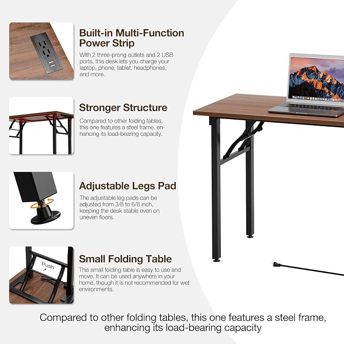 TEMI Long Computer Desk Folding Table - No Assembly, Compact 55.1" Foldable Desk with Power Outlets & USB Charging Port, Portable Lagre Office Desk, Ideal Large Study Table for Narrow Spaces, Walunt - Image 7
