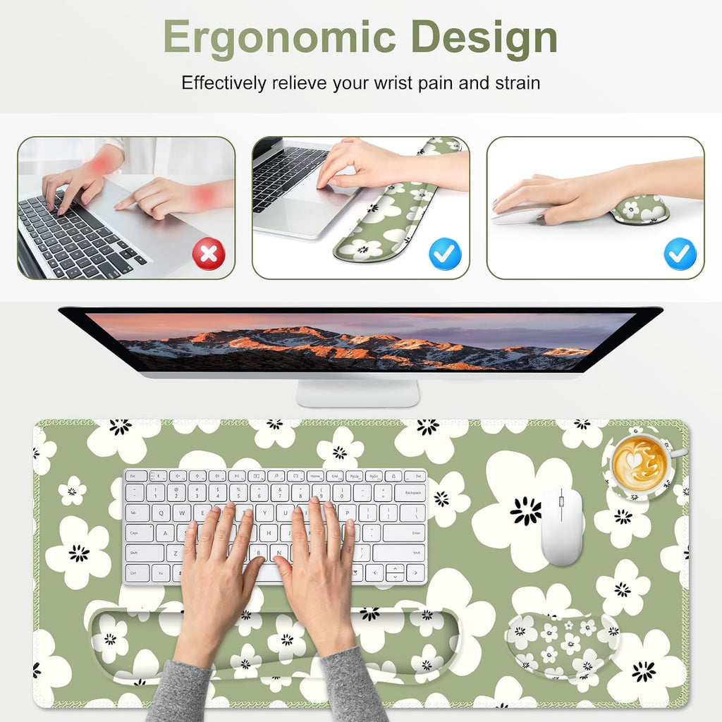 Large Gaming Mouse Pad Set, 4 in1 Ergonomics Keyboard Desk Mat w/Memory Foam Wrist Rest, Computer Extended Game Mousepad, Non-Slip Desk Matt Pad Easy Typing Pain Relief I Green Lucky Florals - Image 4