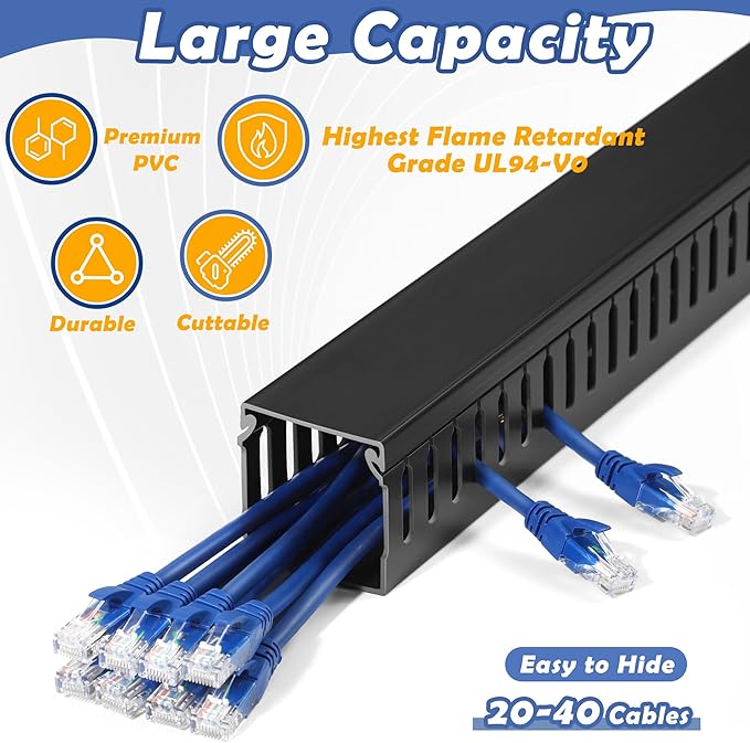 2" H x 2" W Cable Raceway, 66in Under Desk Wire Management Channel, Black | Slotted Wire Duct, 4Pack, 16.5in Each, Heavy-Duty PVC Cable Management for Server Racks, Network Cables & Electrical Cabinets - Image 3