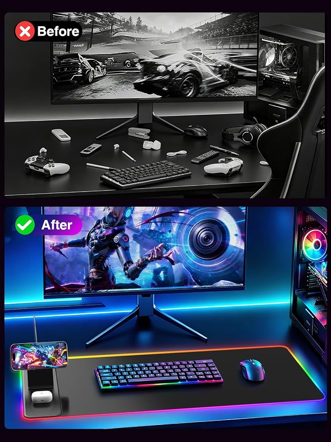 Wireless Charging Mouse Pad with Magnetic Phone Stand, 31.5"x15.8" Large | Gaming Mousepad RGB Desk Mat, Smooth Glide, Stitched Edge, Non-Slip Rubber Base, Waterproof Keyboard Mat, No Adatper - Image 8