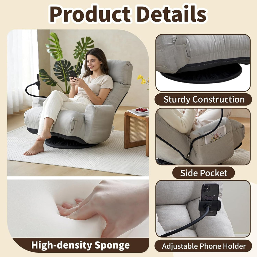 Swivel Lazy Floor Chair, Adjustable Reclining Floor Lounger with Head & Back Support and Phone Holder, Comfy Tatami Sofa Seat for Adults Bedroom & Gaming - Image 5