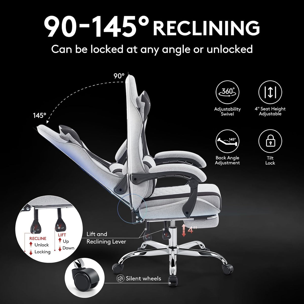 Gaming Chair,Office Chair with Massage,Gel Pad,Grey Black - Image 8
