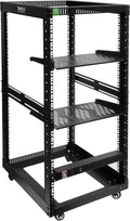22U Open Frame Server Rack with Brake Casters +19" Rail Mounting PDU (8 Outlets) Power Strip with Surge Protector + 2PCS Rack Shelves Cantilever Tray Set Black by RIVECO