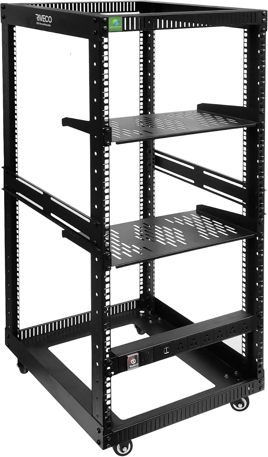 22U Open Frame Server Rack with Brake Casters +19" Rail Mounting PDU (8 Outlets) Power Strip with Surge Protector + 2PCS Rack Shelves Cantilever Tray Set Black by RIVECO